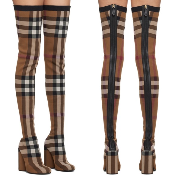 NIB Burberry 36 Anita Knit Check Over-the-Knee Thigh High Stretch Boots in Brown - Picture 5 of 17